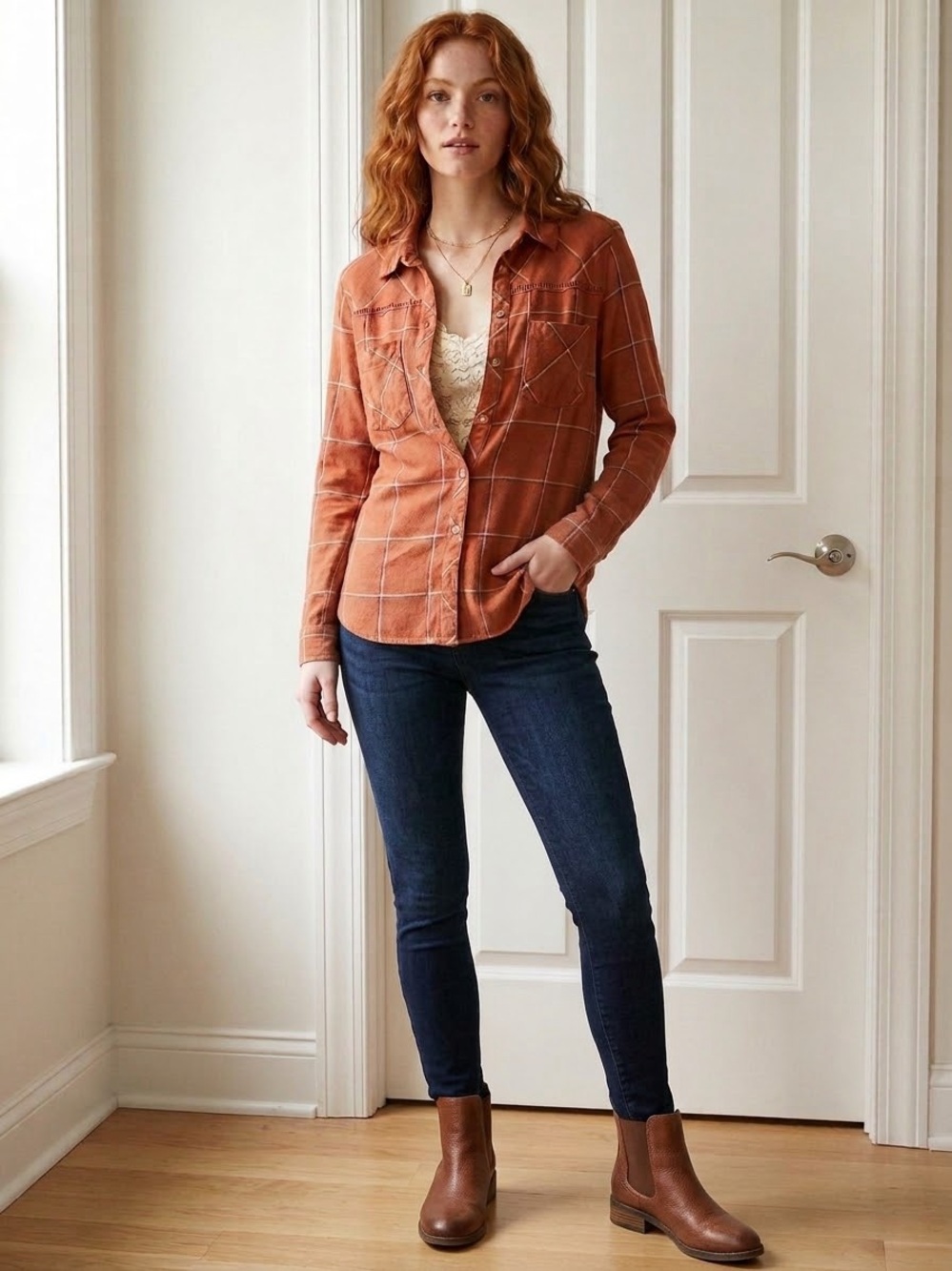 Shyanne Burnt Orange Windowpane Button-Down Shirt
